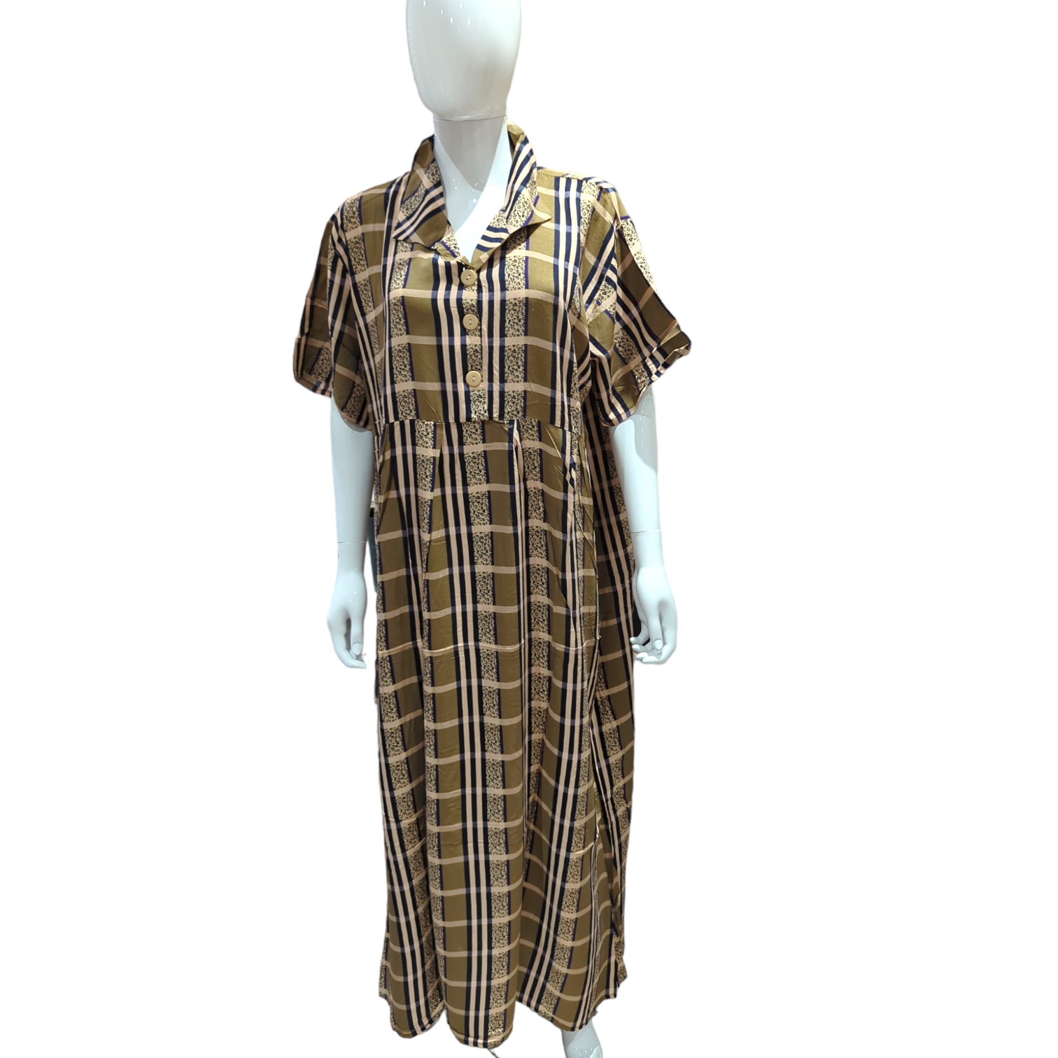 Beige Check - Short Sleeve - With Buttons maxi dress