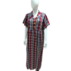 Maroon Check - Short Sleeve - With Buttons maxi dress