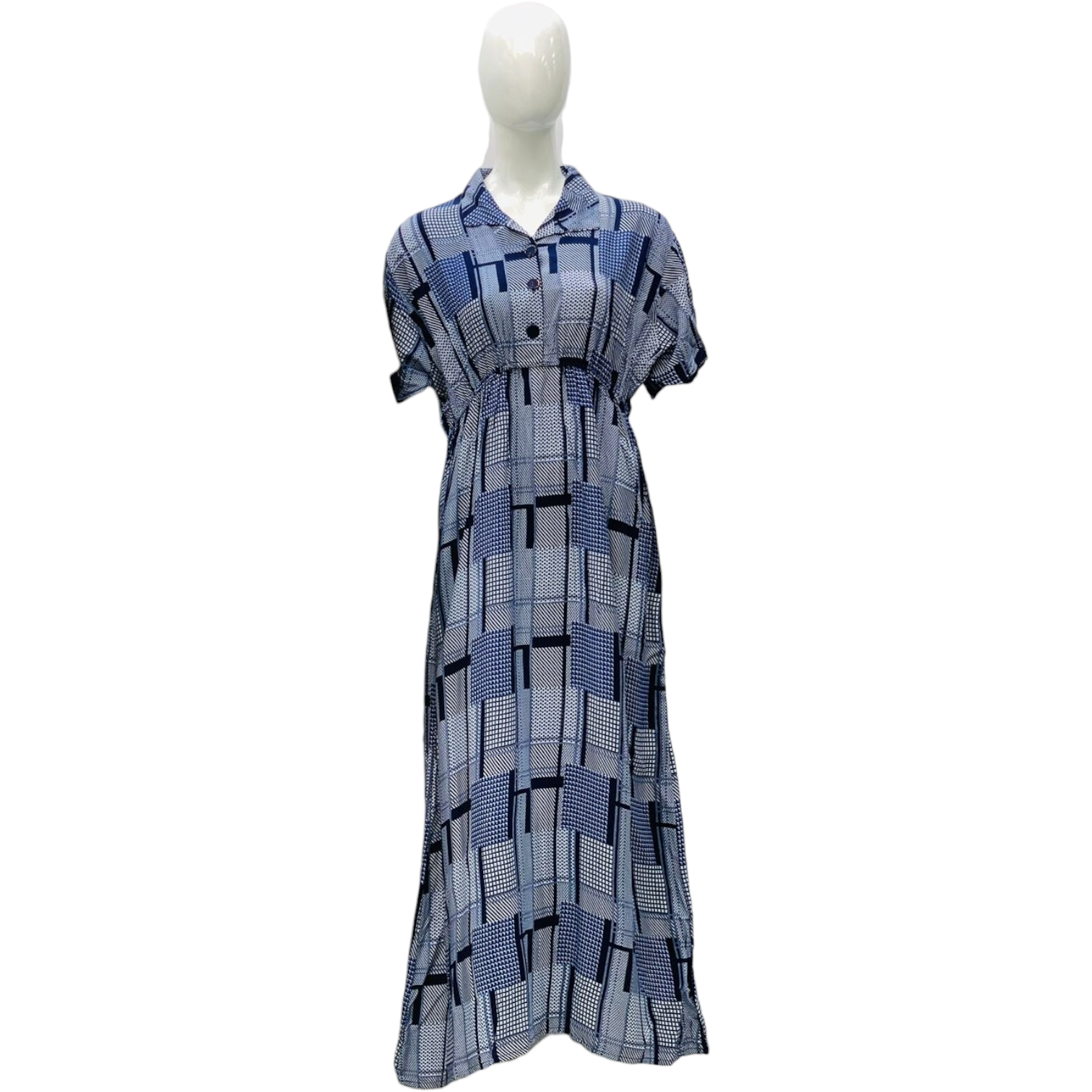 Maze Blue - Short Sleeve - With Buttons & Elasticated Waist maxi dress