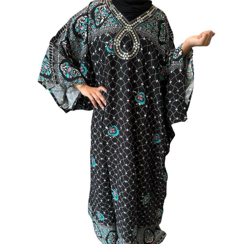 Sindhi kaftan in black with turquoise and pink floral pattern