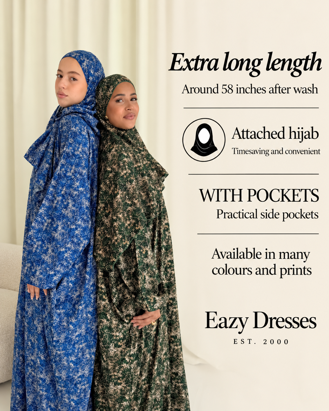 Two women modeling long floral hijab dresses standing back-to-back in a studio setting. One dress is blue with a light floral print, and the other is green with a dark floral print.