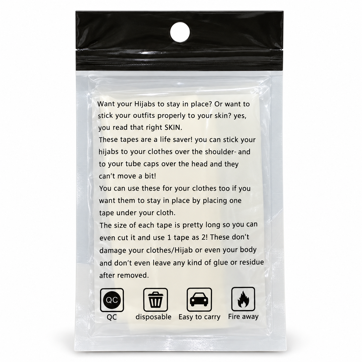 Hijab and dress tape — back packaging and instructions