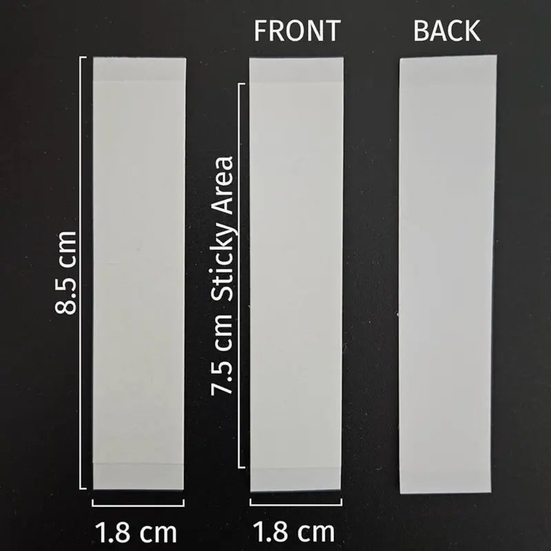 Tape strip dimensions: 1.8 by 8.5 cm; adhesive area 7.5 cm