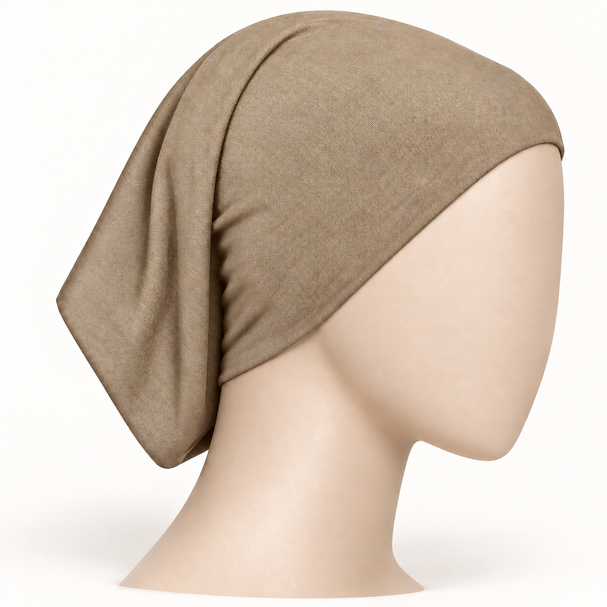 Beige stretch hijab tube undercap on a neutral mannequin