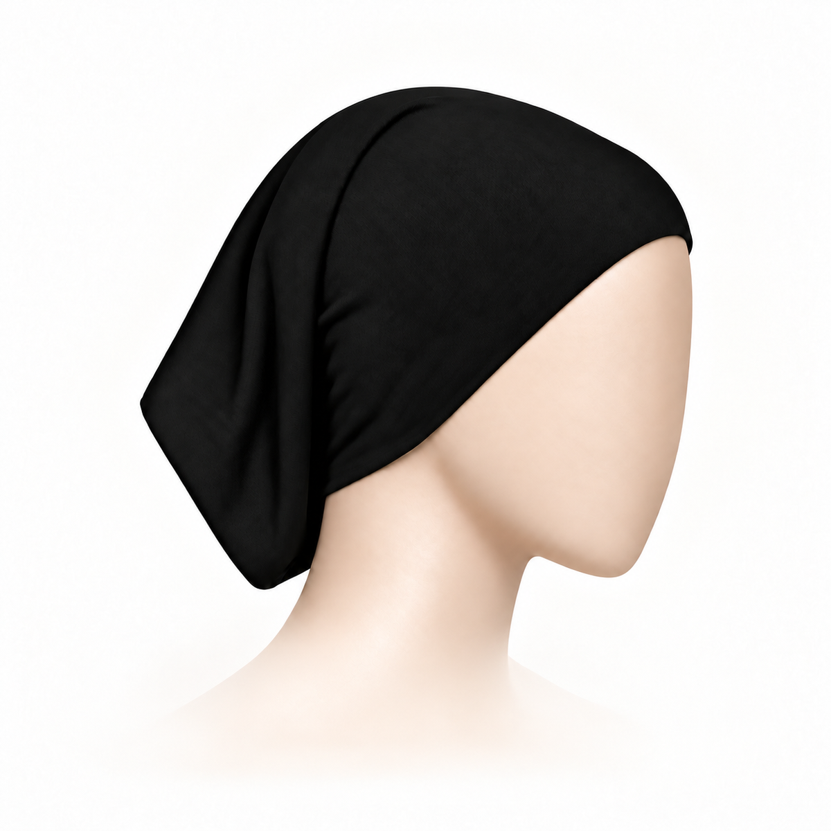 Black stretch hijab tube undercap on a neutral mannequin
