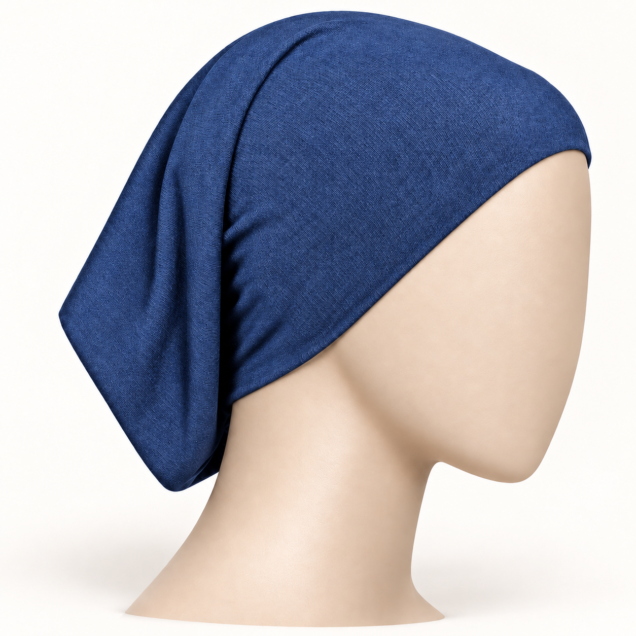 Blue stretch hijab tube undercap on a neutral mannequin