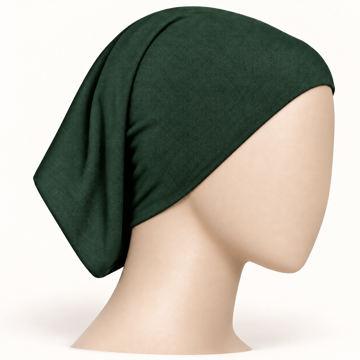Bottle Green stretch hijab tube undercap on a neutral mannequin
