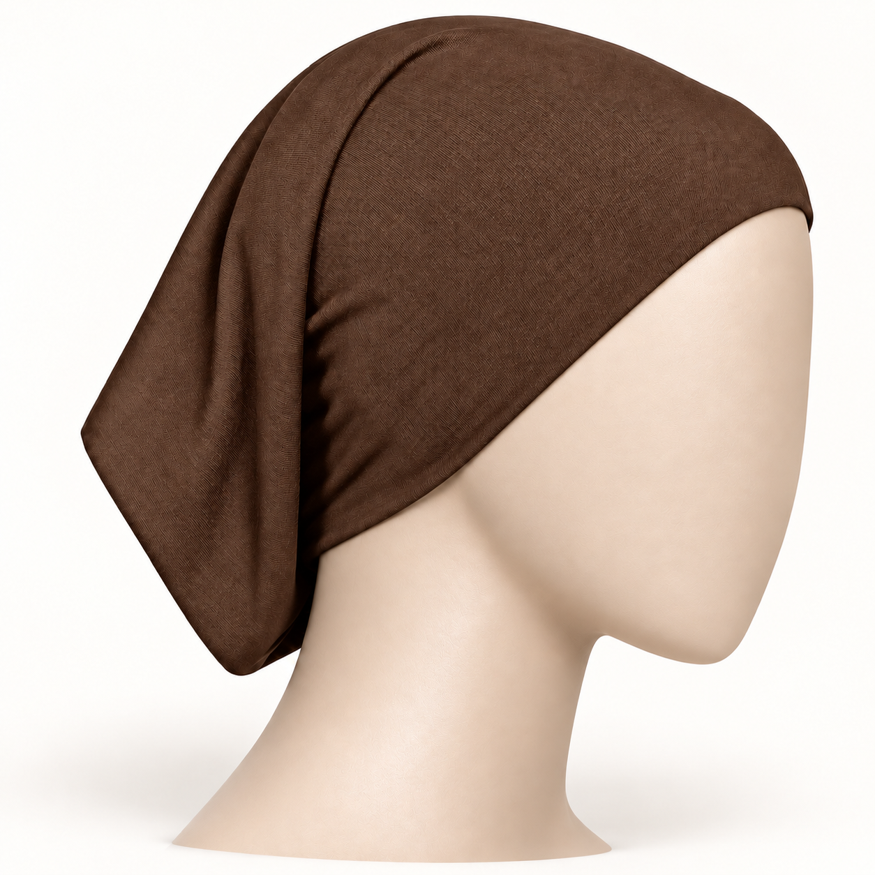 Brown stretch hijab tube undercap on a neutral mannequin
