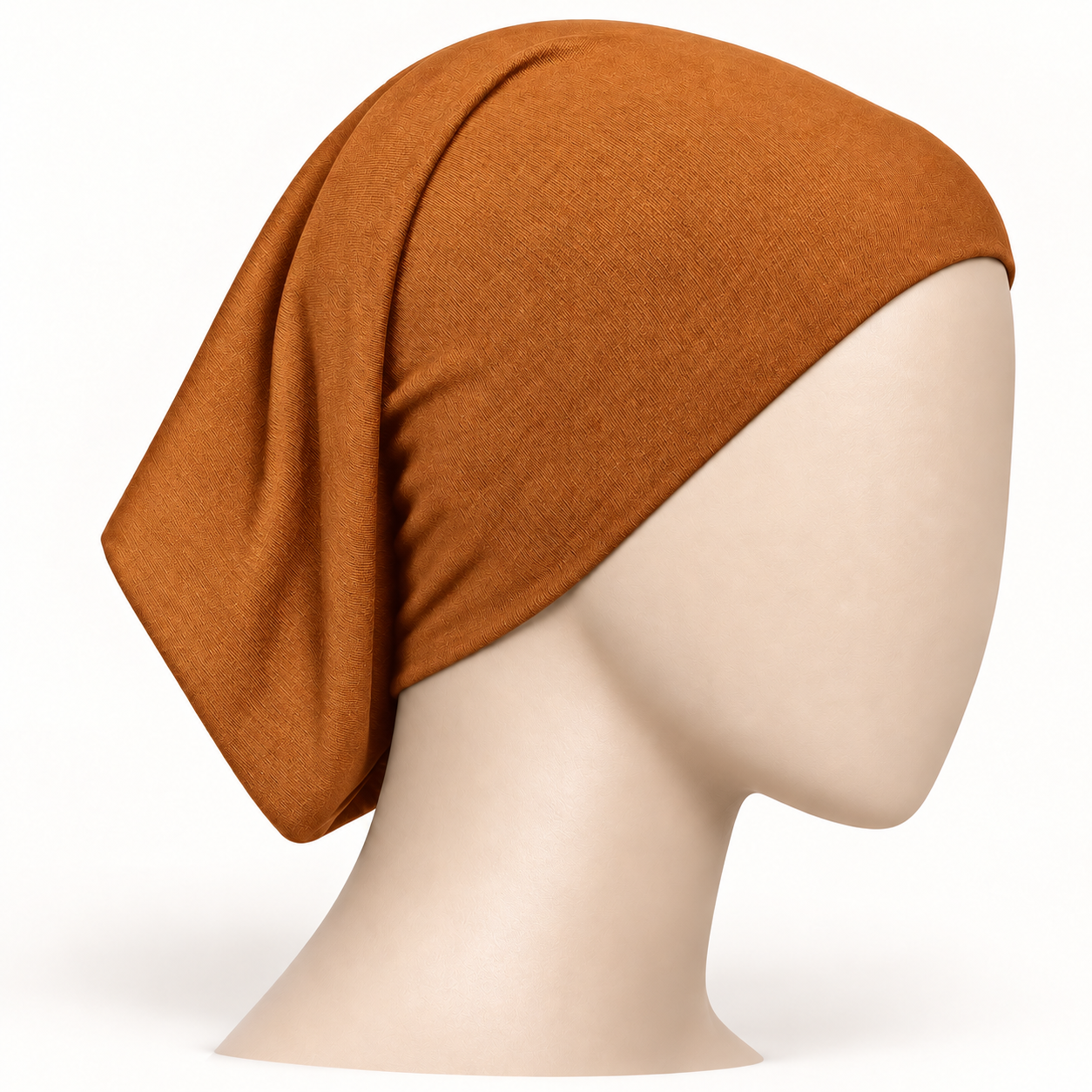 Caramel Brown stretch hijab tube undercap on a neutral mannequin