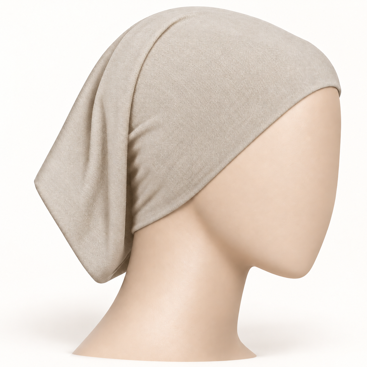 Cream stretch hijab tube undercap on a neutral mannequin