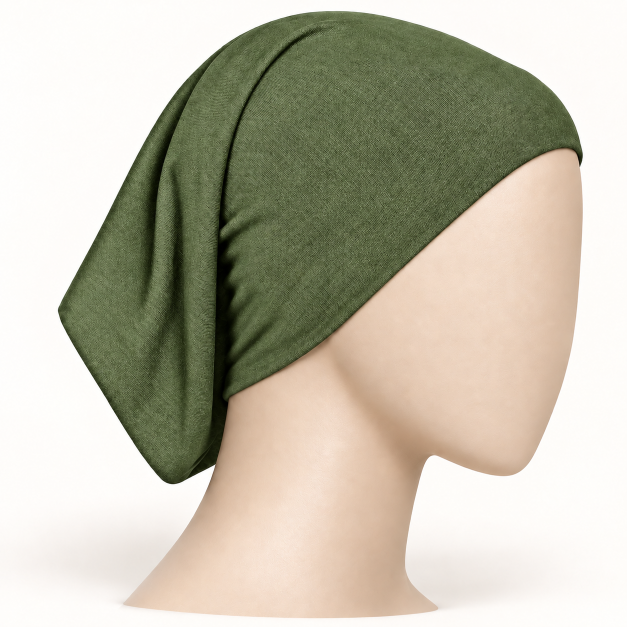 Green stretch hijab tube undercap on a neutral mannequin