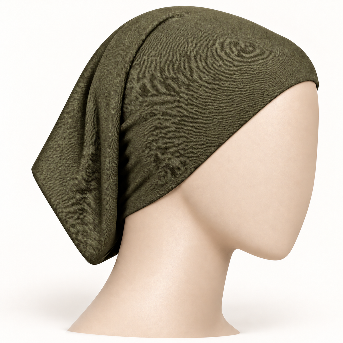 Khaki stretch hijab tube undercap on a neutral mannequin
