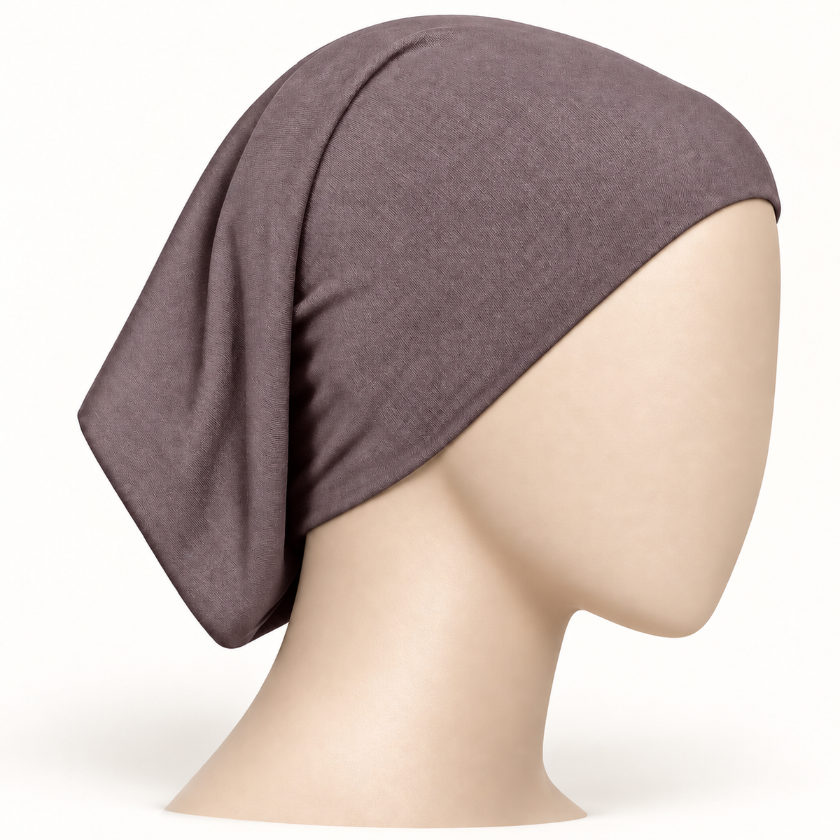 Mauve stretch hijab tube undercap on a neutral mannequin