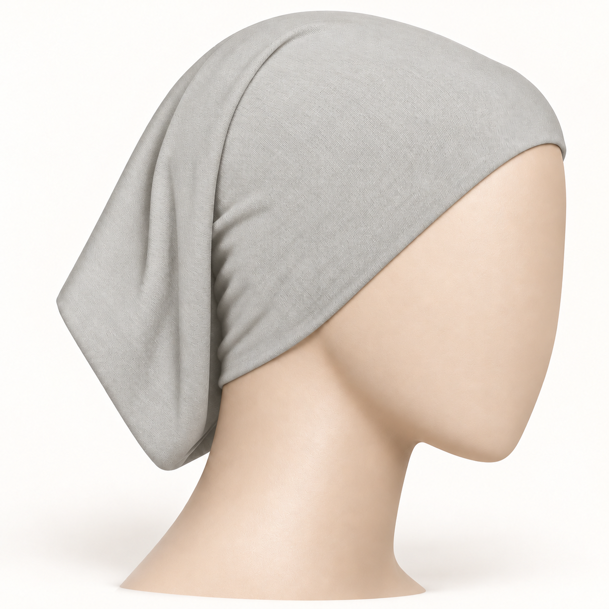 Off White stretch hijab tube undercap on a neutral mannequin