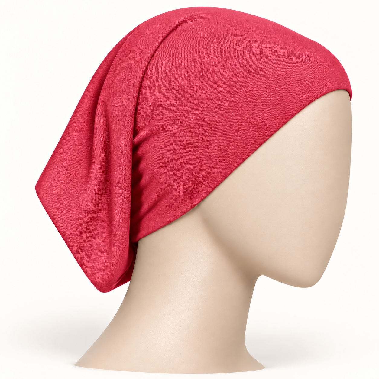 Peachy Pink stretch hijab tube undercap on a neutral mannequin