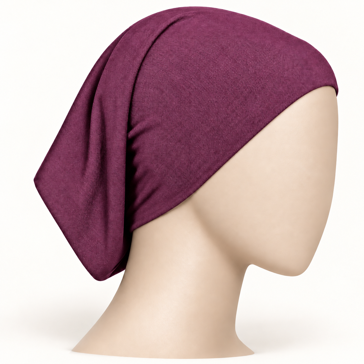Purple stretch hijab tube undercap on a neutral mannequin