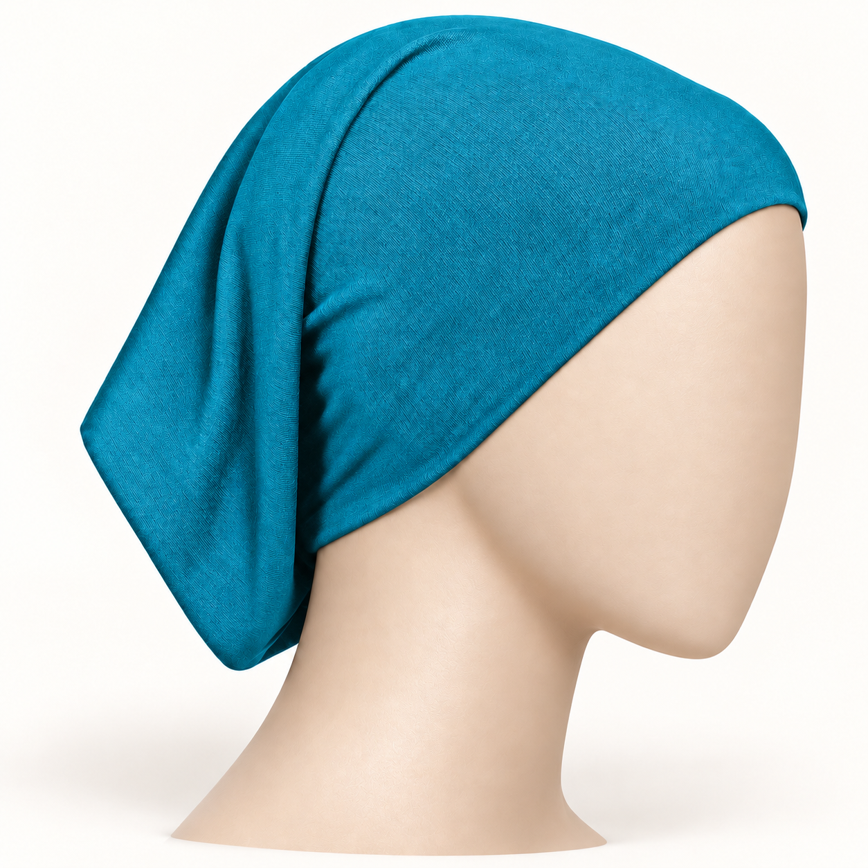 Turquoise stretch hijab tube undercap on a neutral mannequin