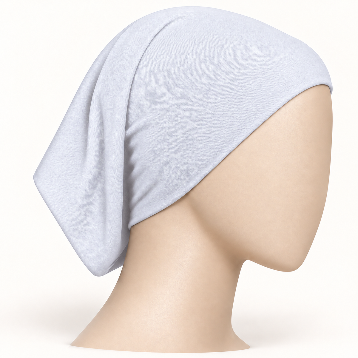 White stretch hijab tube undercap on a neutral mannequin