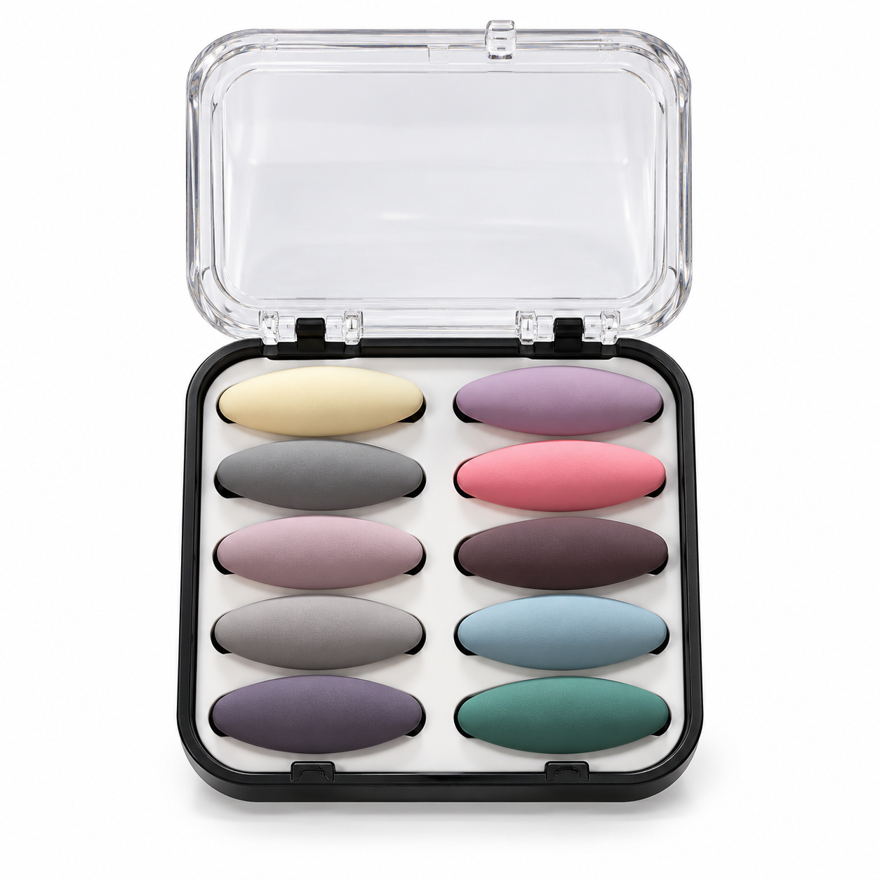 Ten assorted matte oval hijab pins in a black storage case with transparent lid