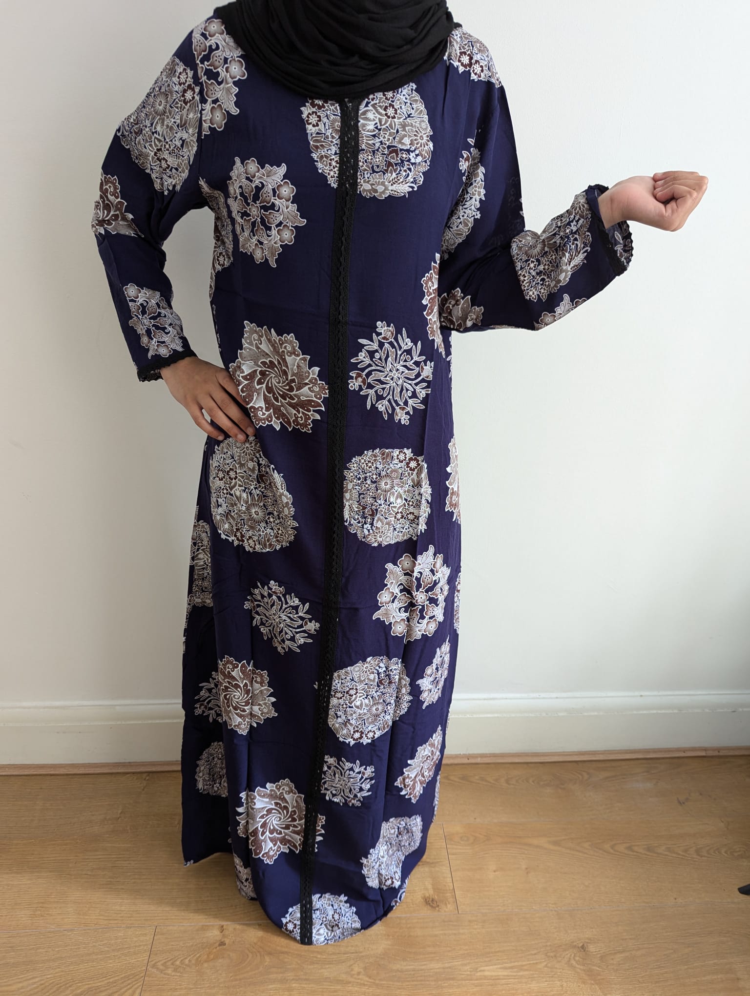 Brown Blue Flower - Long Sleeve maxi dress