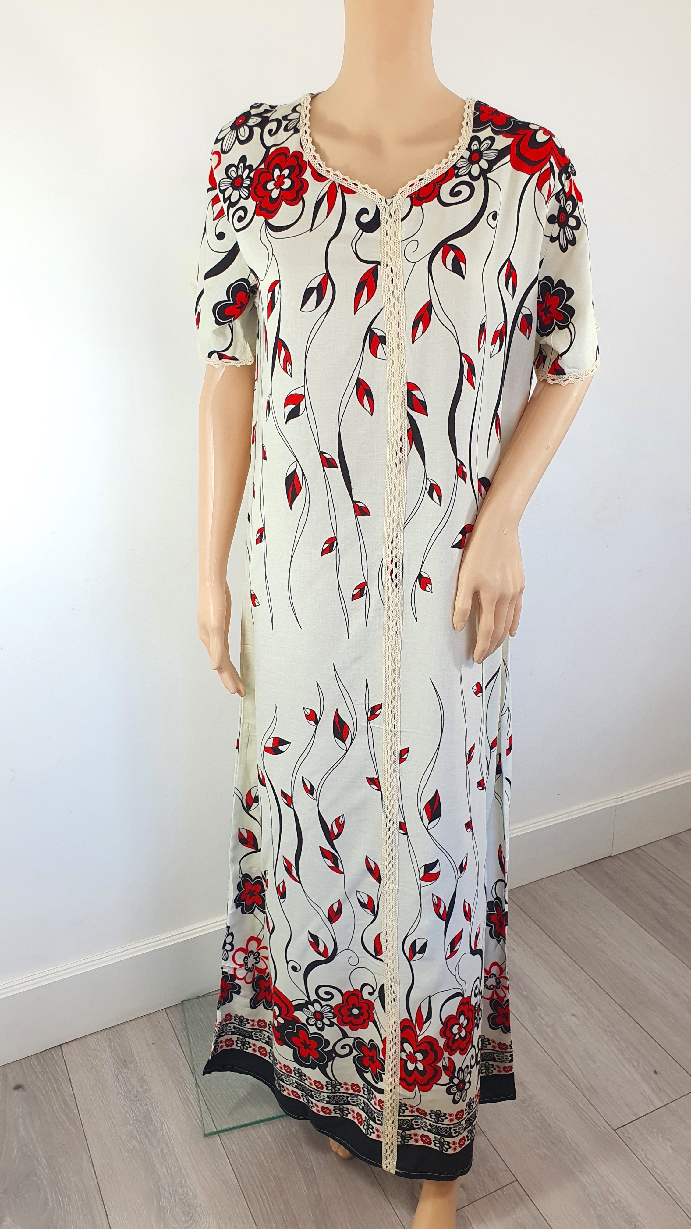 Red and White Floral - Short Sleeve maxi dress