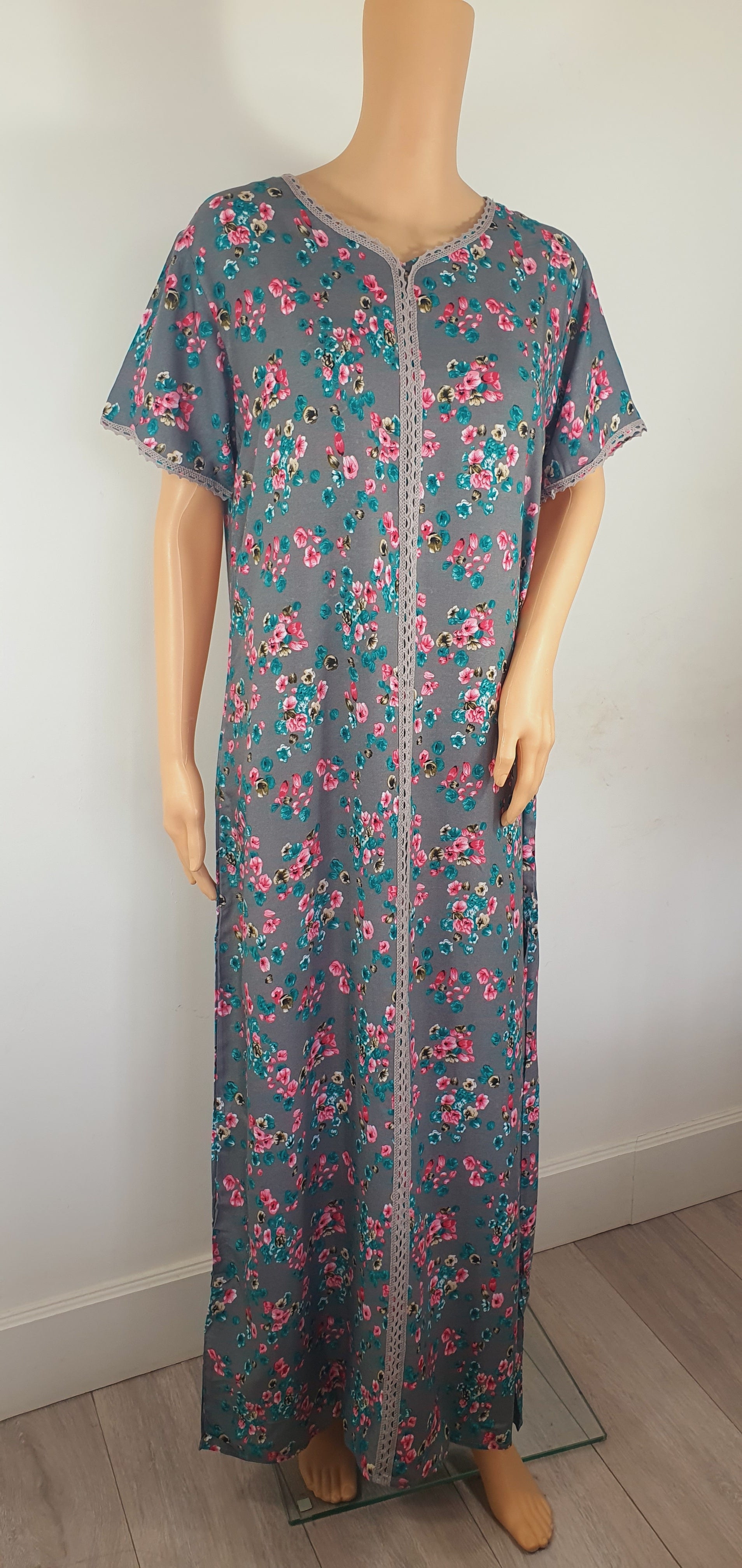 Blue and Pink Flower - Short Sleeve maxi dress