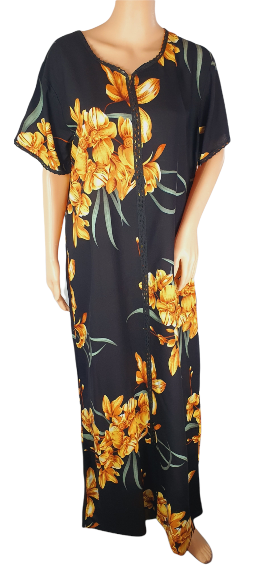 Sunflower On Black - Short Sleeve maxi dress