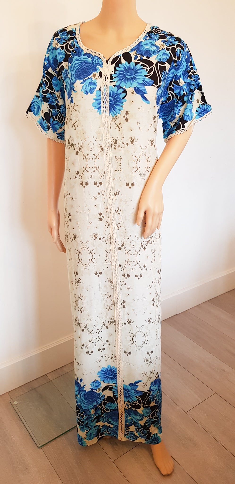 Cream & Blue Floral - Short Sleeve maxi dress