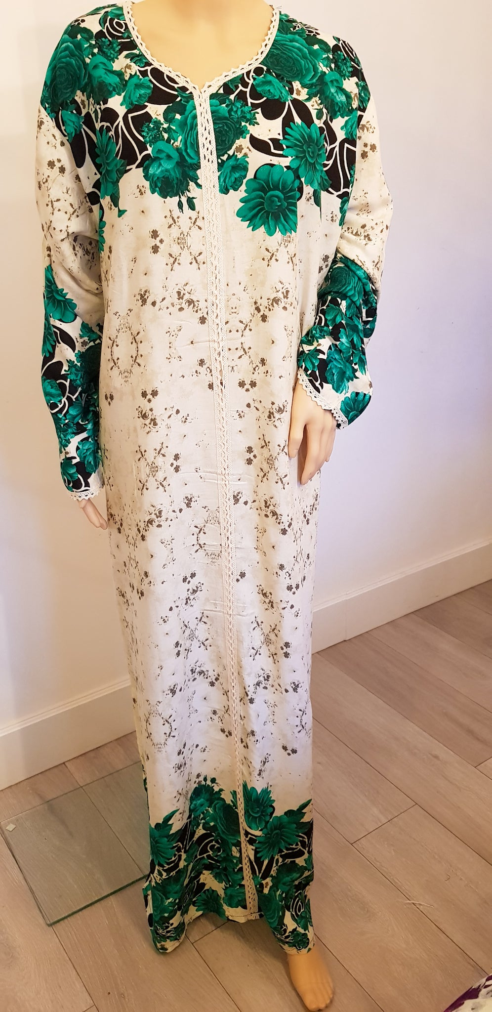 Green & White Floral - Long Sleeve maxi dress